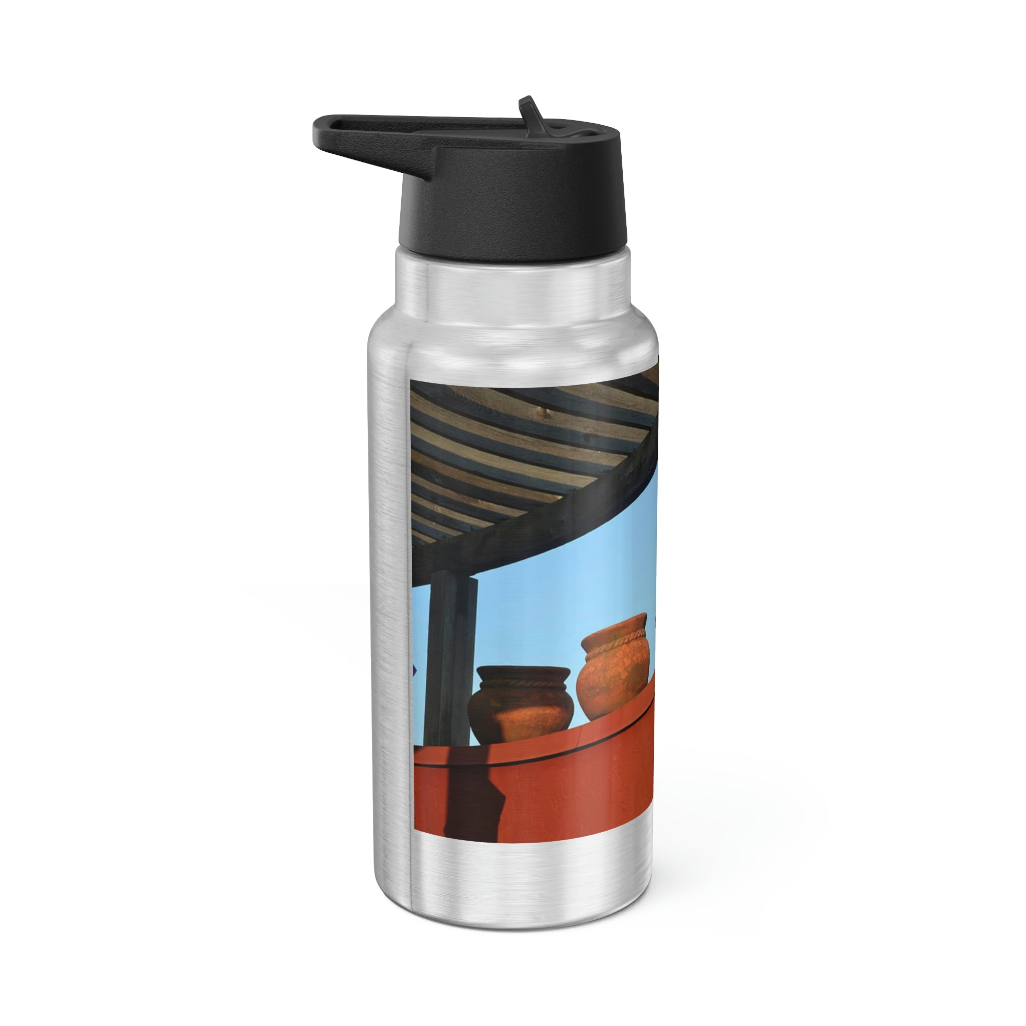 A stylish 32oz Decorative Vases Gator Tumbler made of stainless steel with a black screw-on cap and a plastic straw, showcasing customizable designs.