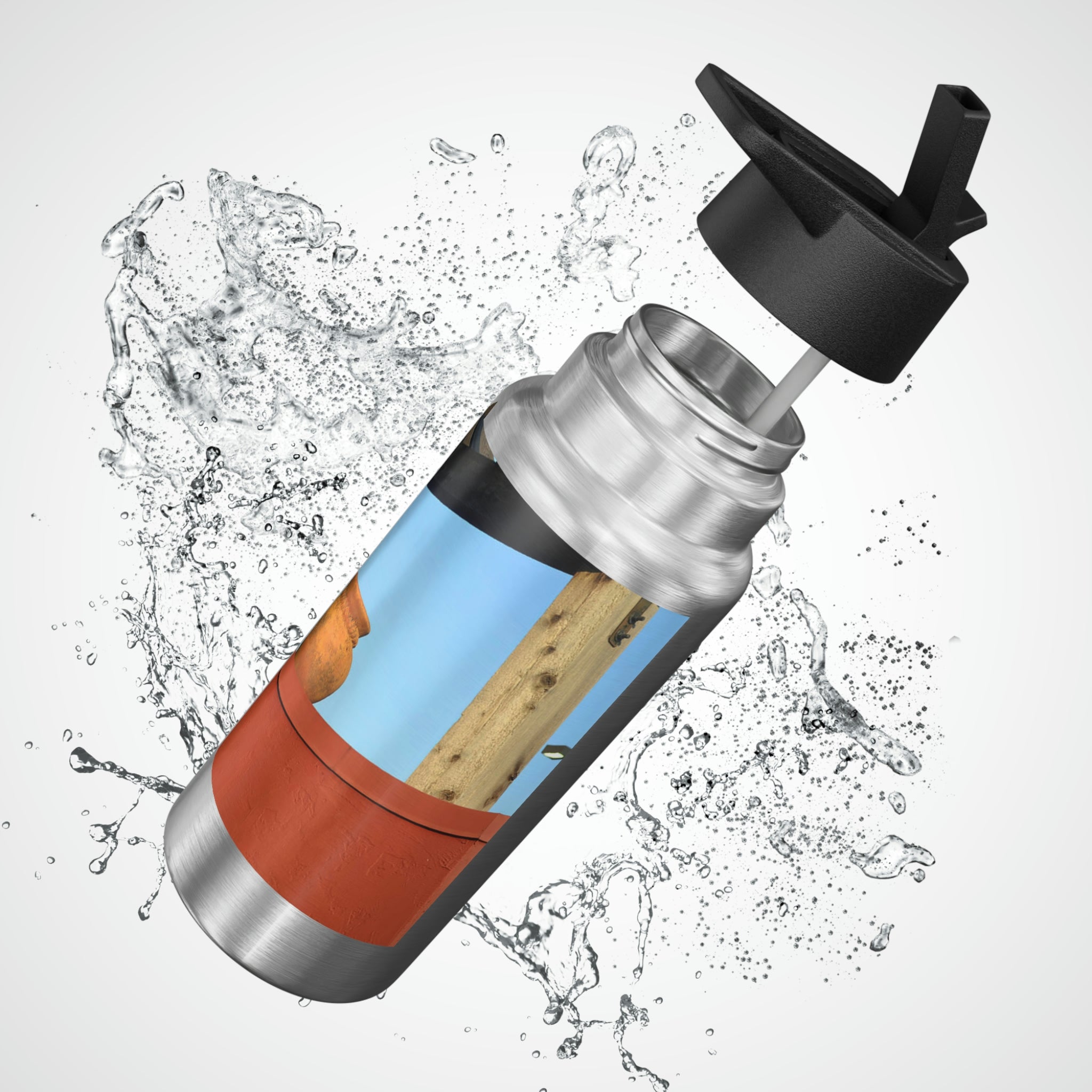 A stylish 32oz Decorative Vases Gator Tumbler made of stainless steel with a black screw-on cap and a plastic straw, showcasing customizable designs.