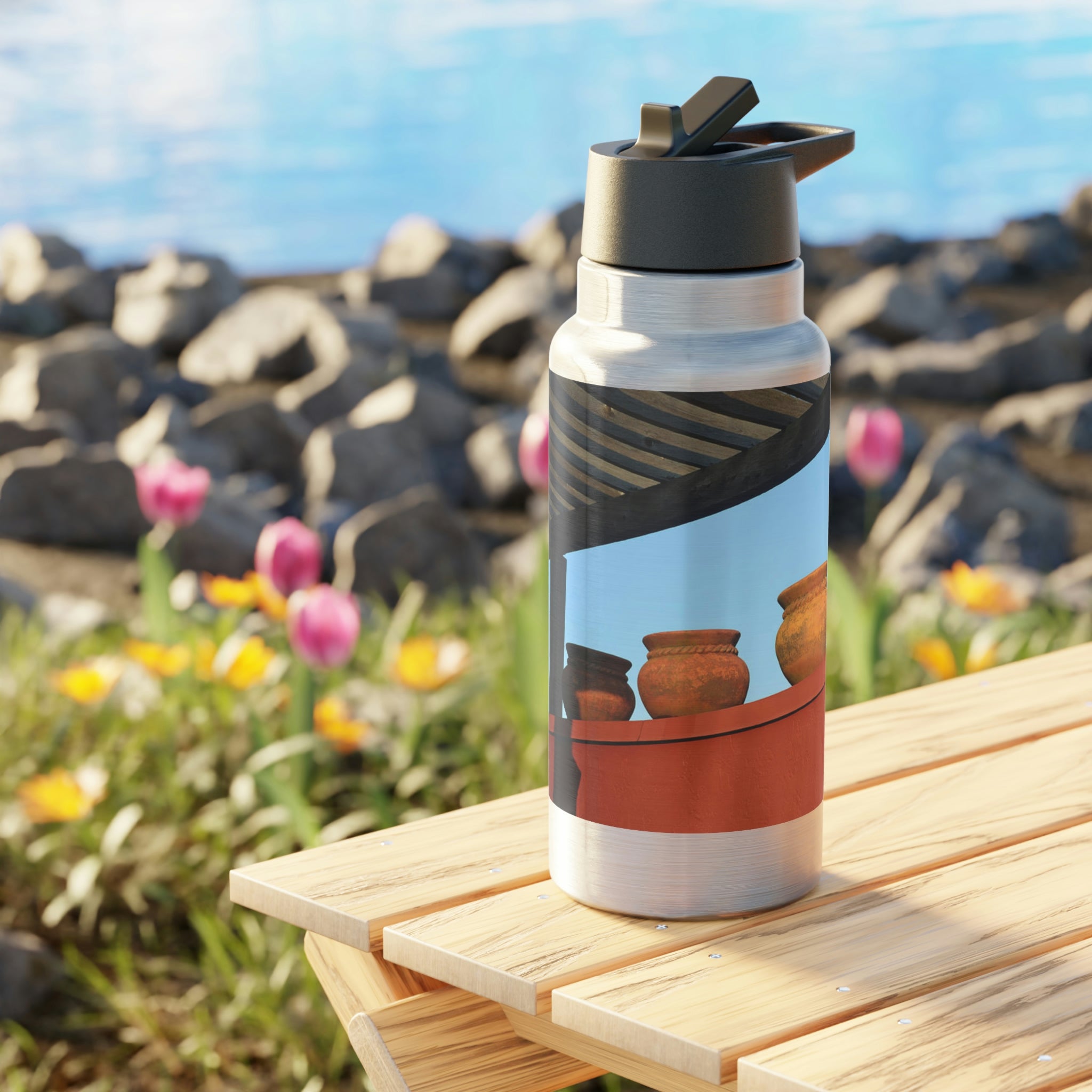 A stylish 32oz Decorative Vases Gator Tumbler made of stainless steel with a black screw-on cap and a plastic straw, showcasing customizable designs.