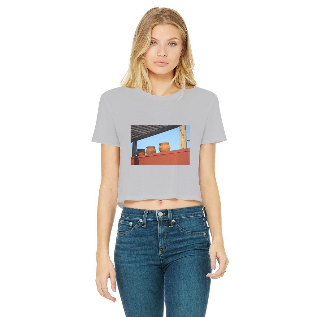 DecorativeVases Classic Women's Cropped Raw Edge T-Shirt in various colors with a round neck and raw edge hem.
