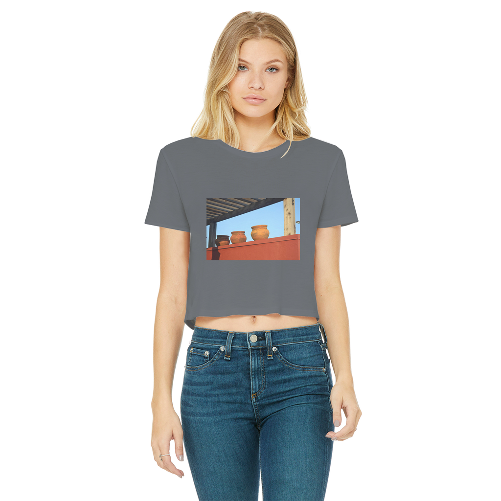 DecorativeVases Classic Women's Cropped Raw Edge T-Shirt in various colors with a round neck and raw edge hem.