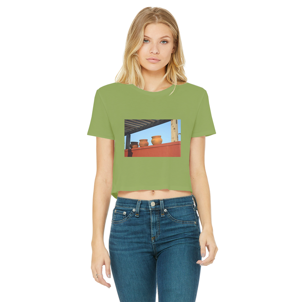 DecorativeVases Classic Women's Cropped Raw Edge T-Shirt in various colors with a round neck and raw edge hem.