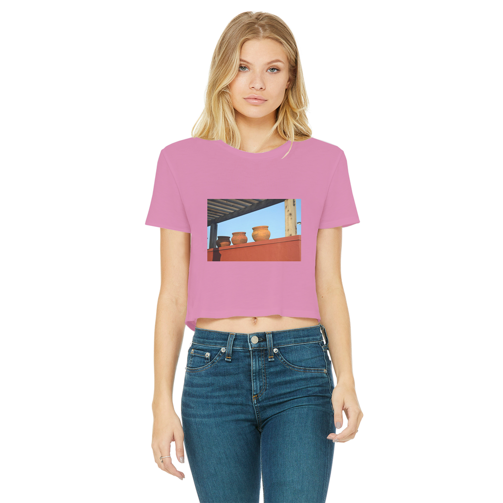DecorativeVases Classic Women's Cropped Raw Edge T-Shirt in various colors with a round neck and raw edge hem.