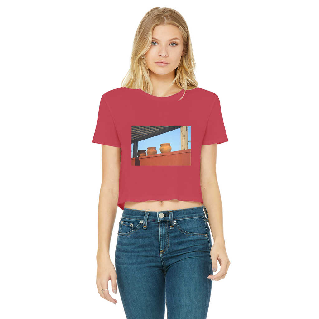 DecorativeVases Classic Women's Cropped Raw Edge T-Shirt in various colors with a round neck and raw edge hem.