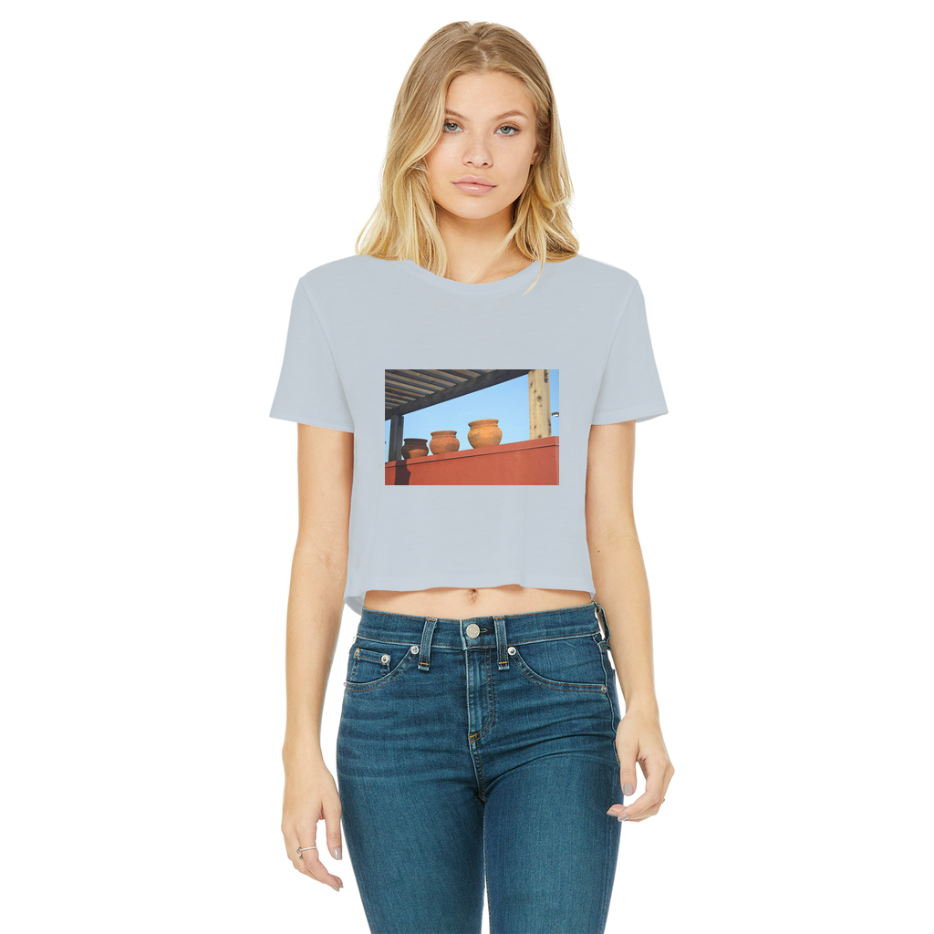 DecorativeVases Classic Women's Cropped Raw Edge T-Shirt in various colors with a round neck and raw edge hem.