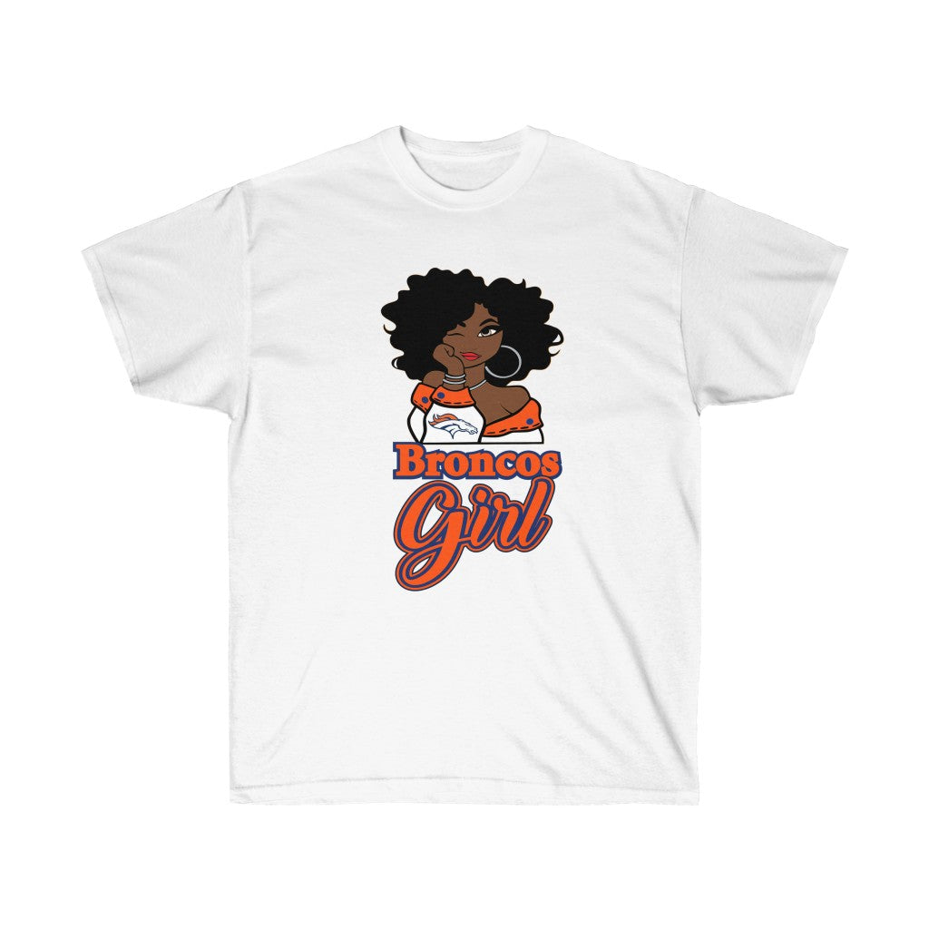 Denver Broncos Afro Girl Black Girl T-Shirt featuring a vibrant vinyl print on soft cotton fabric, designed for unisex fit.