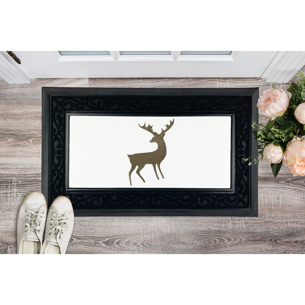 Deer Sublimation Heavy Duty Door Mat with a removable fabric center and non-slip rubber base, featuring a classy brush border.
