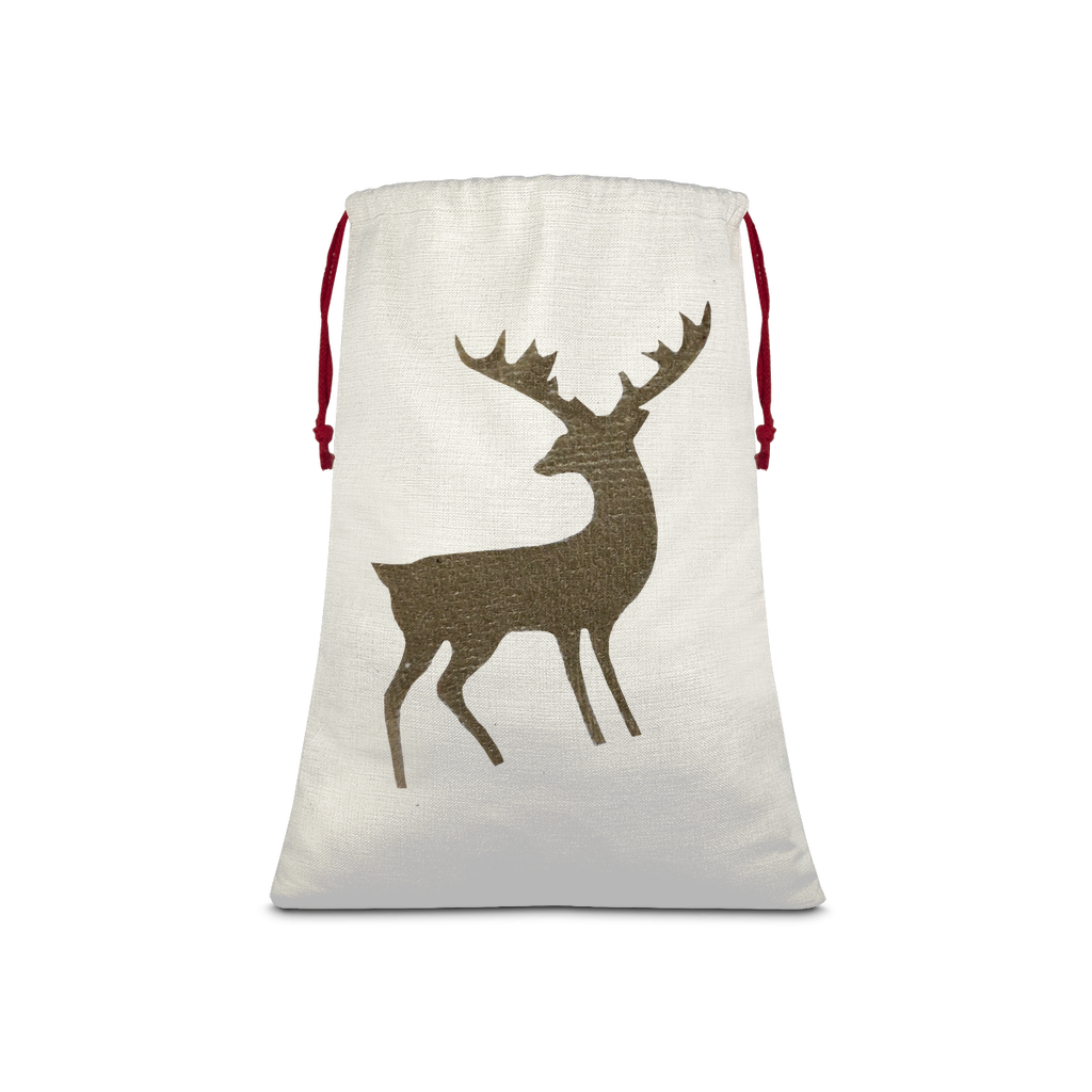 Deer Sublimation Linen Drawstring Sack with red drawstring, featuring a vibrant deer print, ideal for Christmas gifts and laundry.