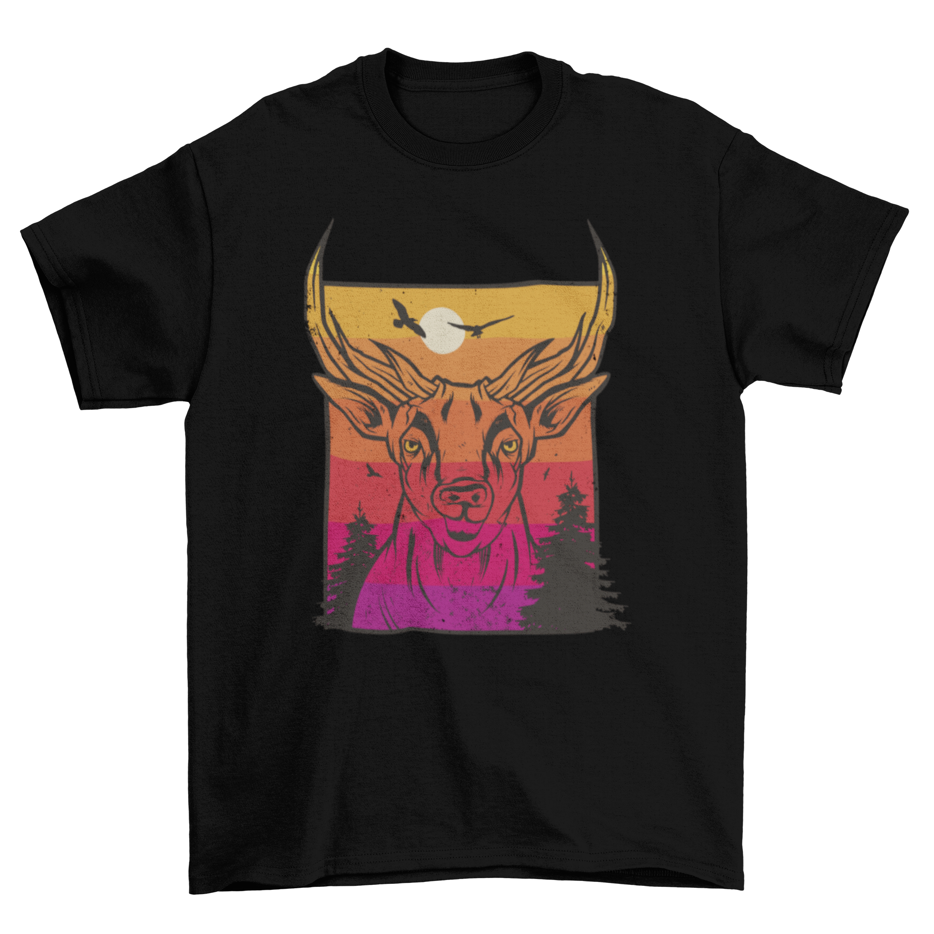 A stylish t-shirt featuring a deer silhouette against a vibrant sunset landscape, perfect for nature lovers.