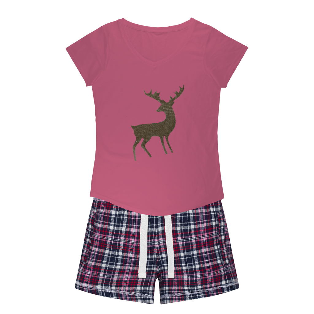 Deer Women's Sleepy Tee and Flannel Short set featuring a relaxed fit T-shirt and colorful flannel shorts, perfect for cozy nights.
