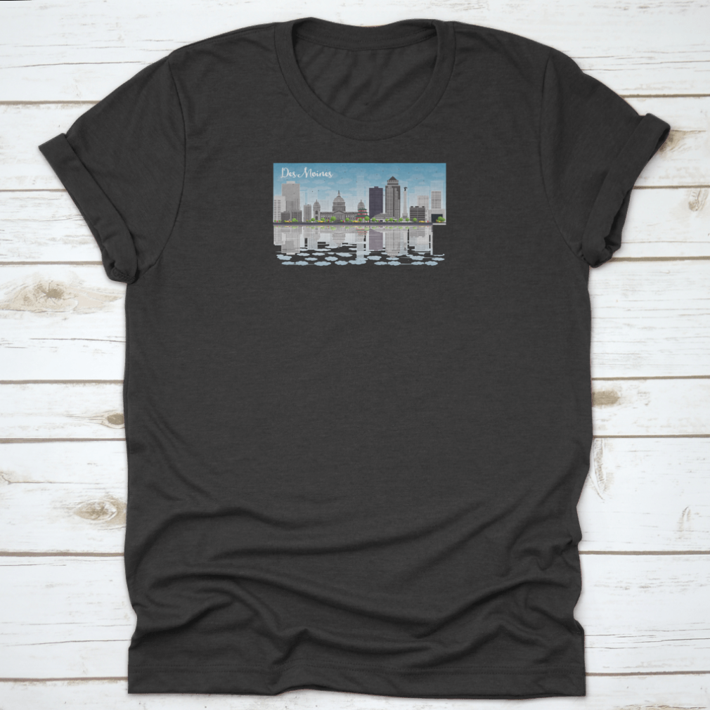 Des Moines skyline featuring grey buildings under a blue sky, printed on a comfortable cotton T-shirt.