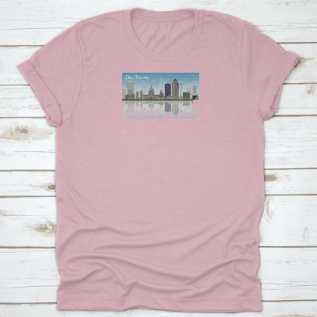 Des Moines skyline featuring grey buildings under a blue sky, printed on a comfortable cotton T-shirt.