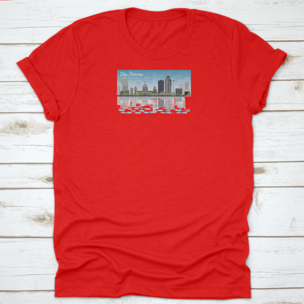 Des Moines skyline featuring grey buildings under a blue sky, printed on a comfortable cotton T-shirt.