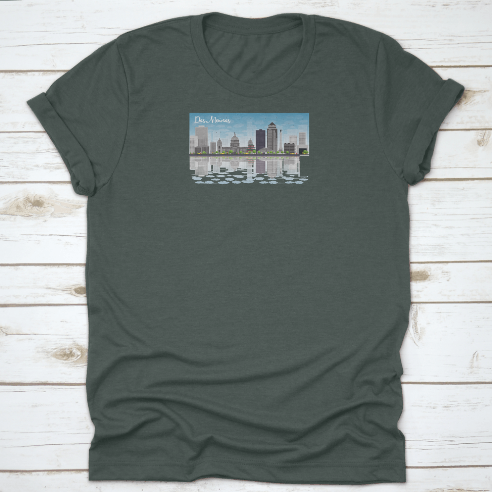 Des Moines skyline featuring grey buildings under a blue sky, printed on a comfortable cotton T-shirt.