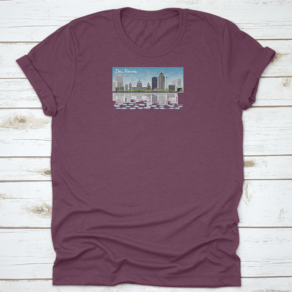 Des Moines skyline featuring grey buildings under a blue sky, printed on a comfortable cotton T-shirt.