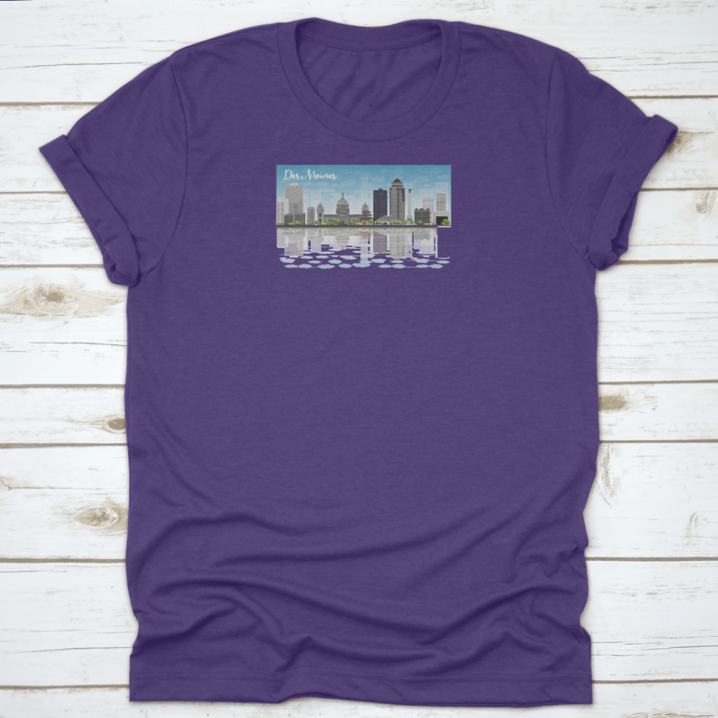 Des Moines skyline featuring grey buildings under a blue sky, printed on a comfortable cotton T-shirt.
