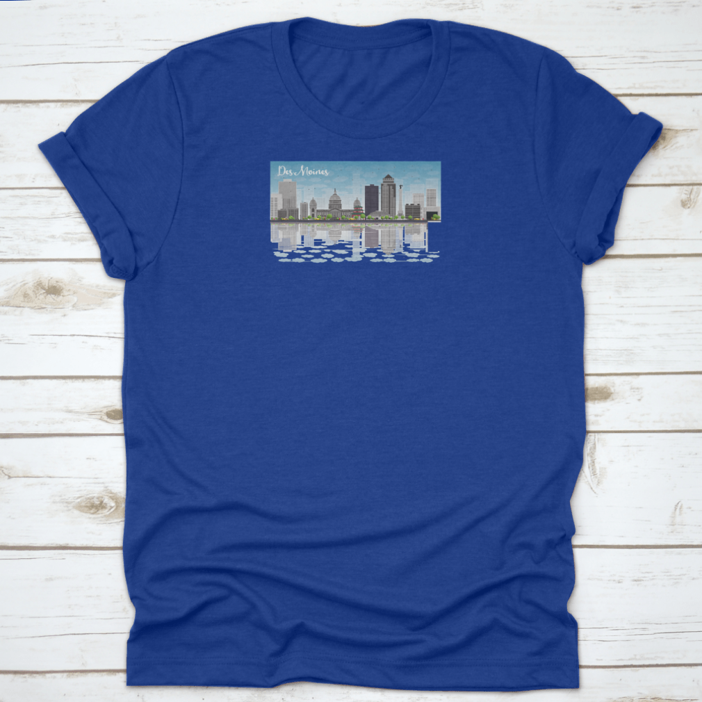 Des Moines skyline featuring grey buildings under a blue sky, printed on a comfortable cotton T-shirt.
