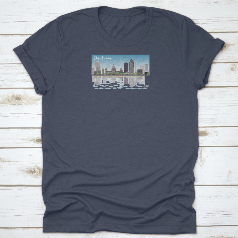 Des Moines skyline featuring grey buildings under a blue sky, printed on a comfortable cotton T-shirt.