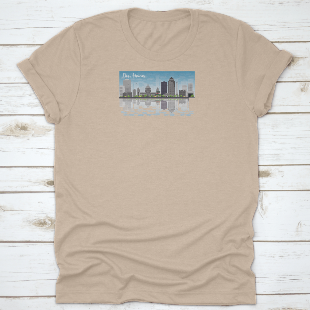Des Moines skyline featuring grey buildings under a blue sky, printed on a comfortable cotton T-shirt.