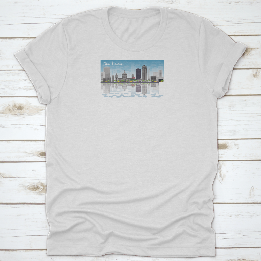 Des Moines skyline featuring grey buildings under a blue sky, printed on a comfortable cotton T-shirt.