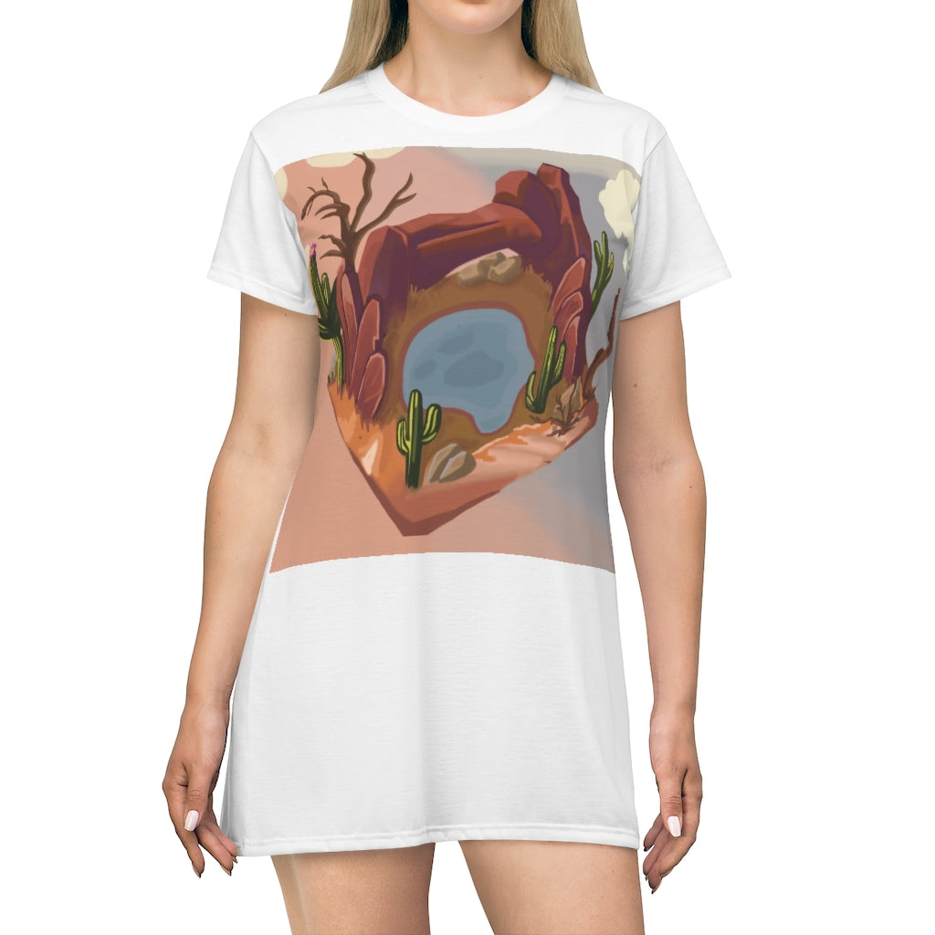 Desert All Over Print T-Shirt Dress featuring vibrant desert-themed prints on a lightweight fabric.