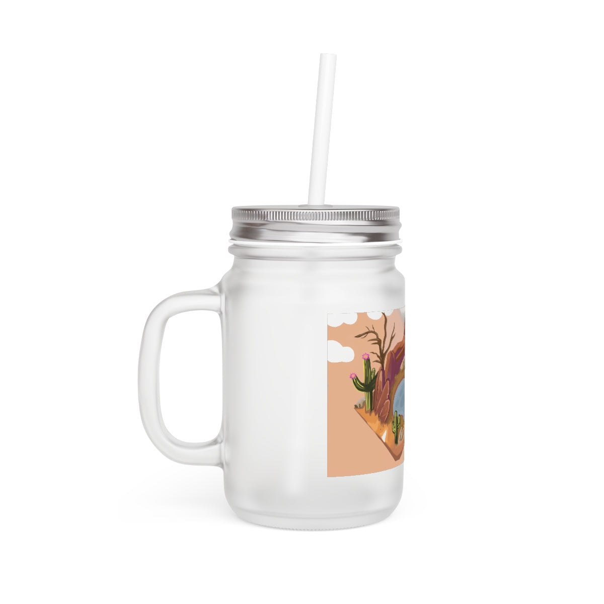 A stylish Desert Mason Jar made of frosted glass, featuring a straw and lid, perfect for personalized drinks.