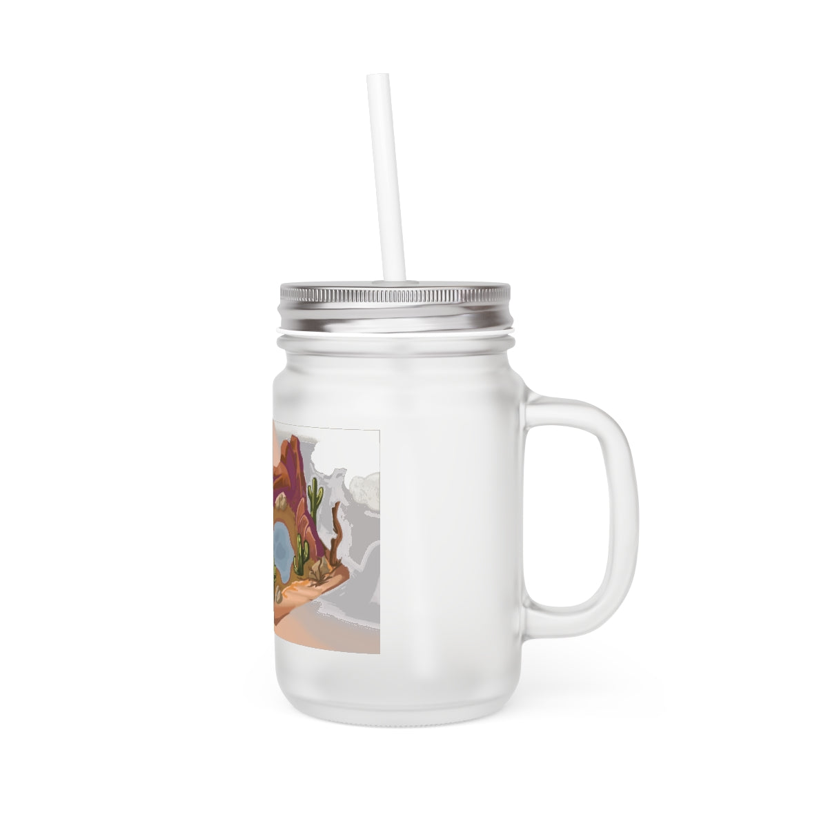 A stylish Desert Mason Jar made of frosted glass, featuring a straw and lid, perfect for personalized drinks.