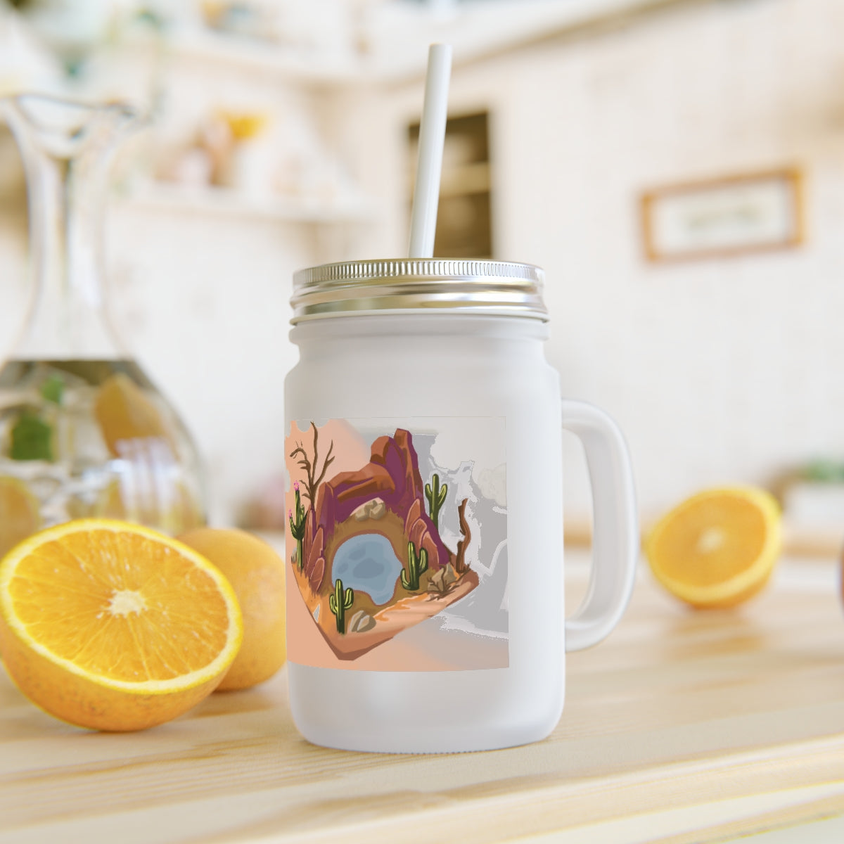 A stylish Desert Mason Jar made of frosted glass, featuring a straw and lid, perfect for personalized drinks.