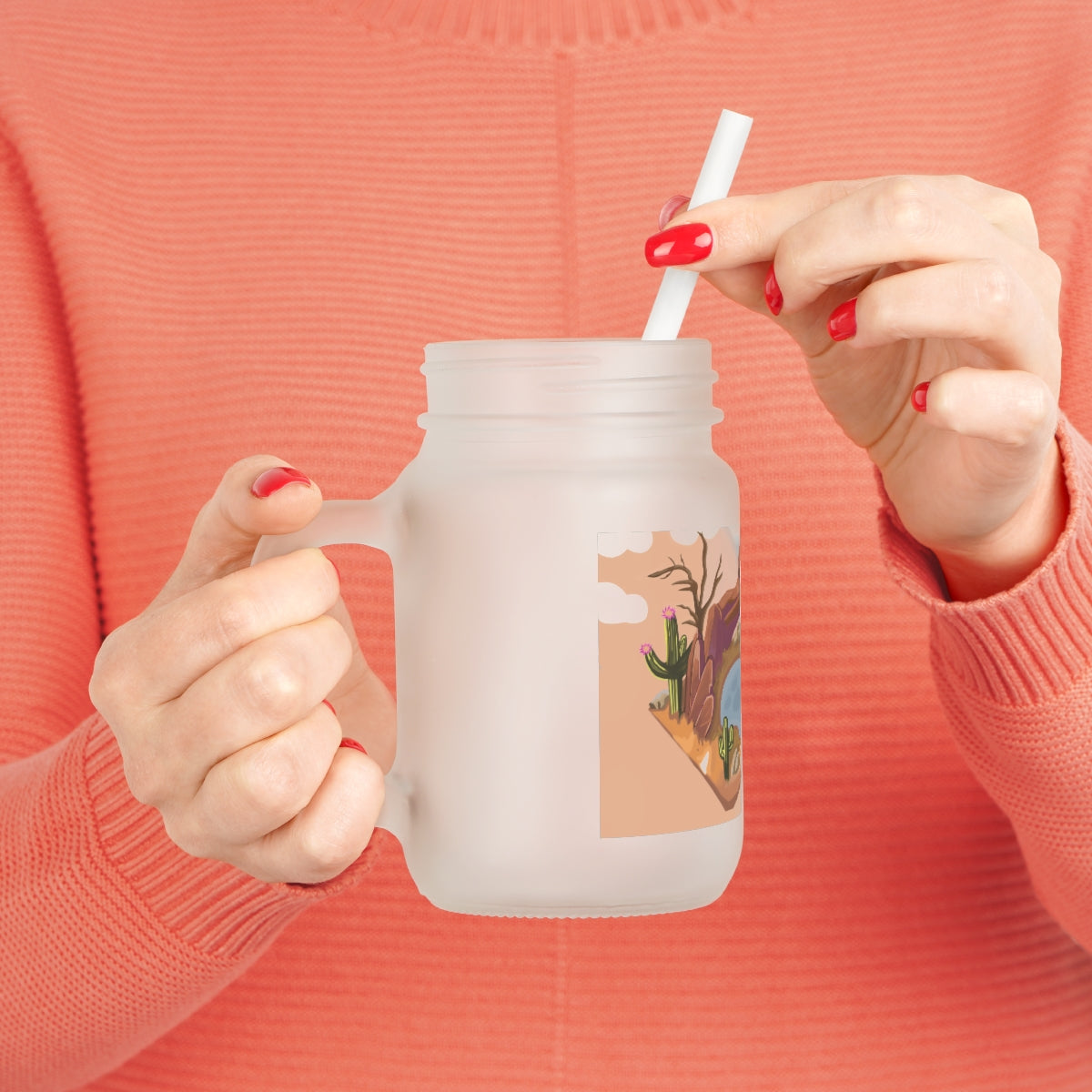 A stylish Desert Mason Jar made of frosted glass, featuring a straw and lid, perfect for personalized drinks.