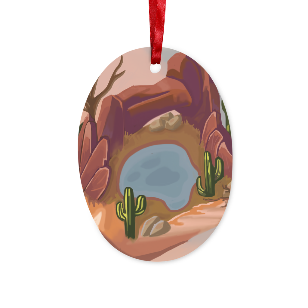 Desert Rocks Ceramic Hanging Ornament with red ribbon and gold string, beautifully crafted for holiday decor.