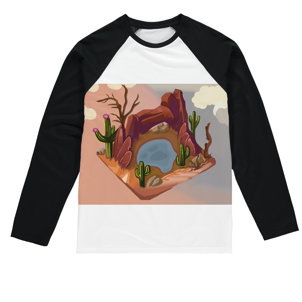 Desert Rocks Sublimation Baseball Long Sleeve T-Shirt featuring a crew neck and long sleeves, designed for sublimation printing with a stylish fit.