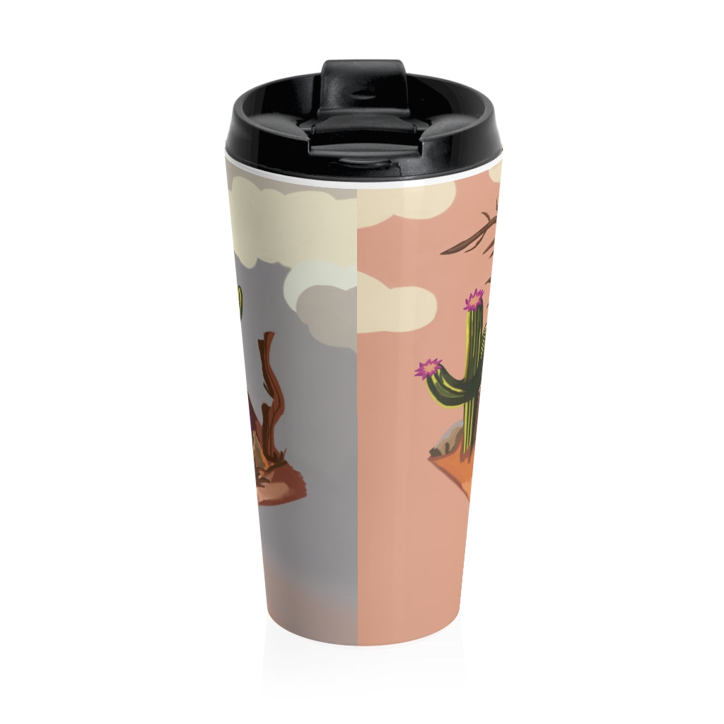 Desert Stainless Steel Travel Mug with black lid, showcasing its sleek design and vibrant sublimation print.