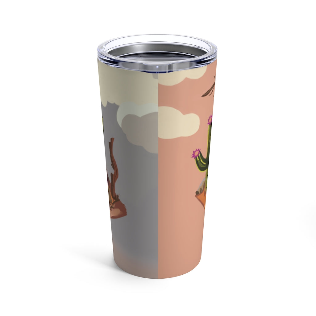 Desert Tumbler 20oz in stainless steel with a see-thru plastic lid, showcasing its sleek design and rounded corners.