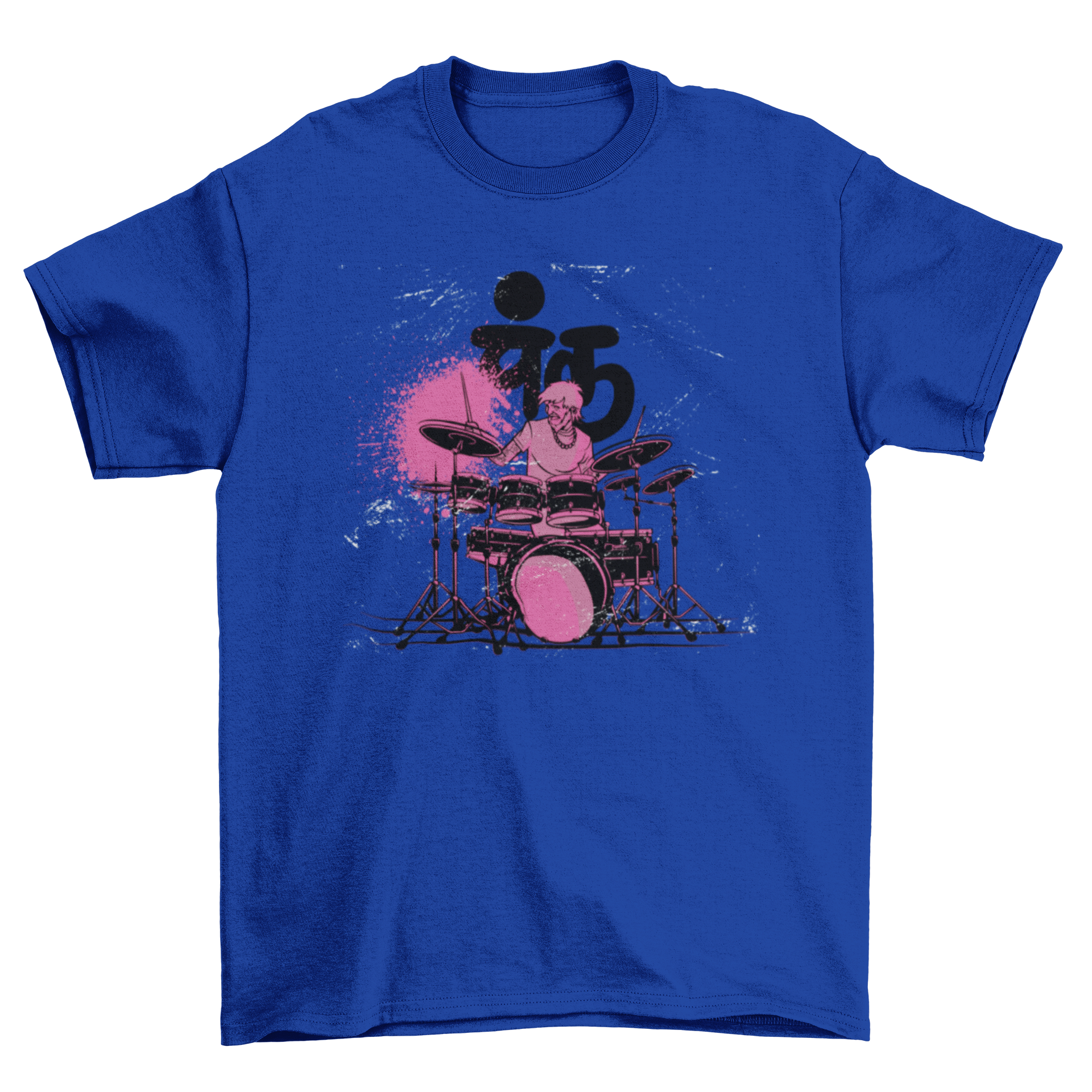 Drummer graphic on blue shirt.
