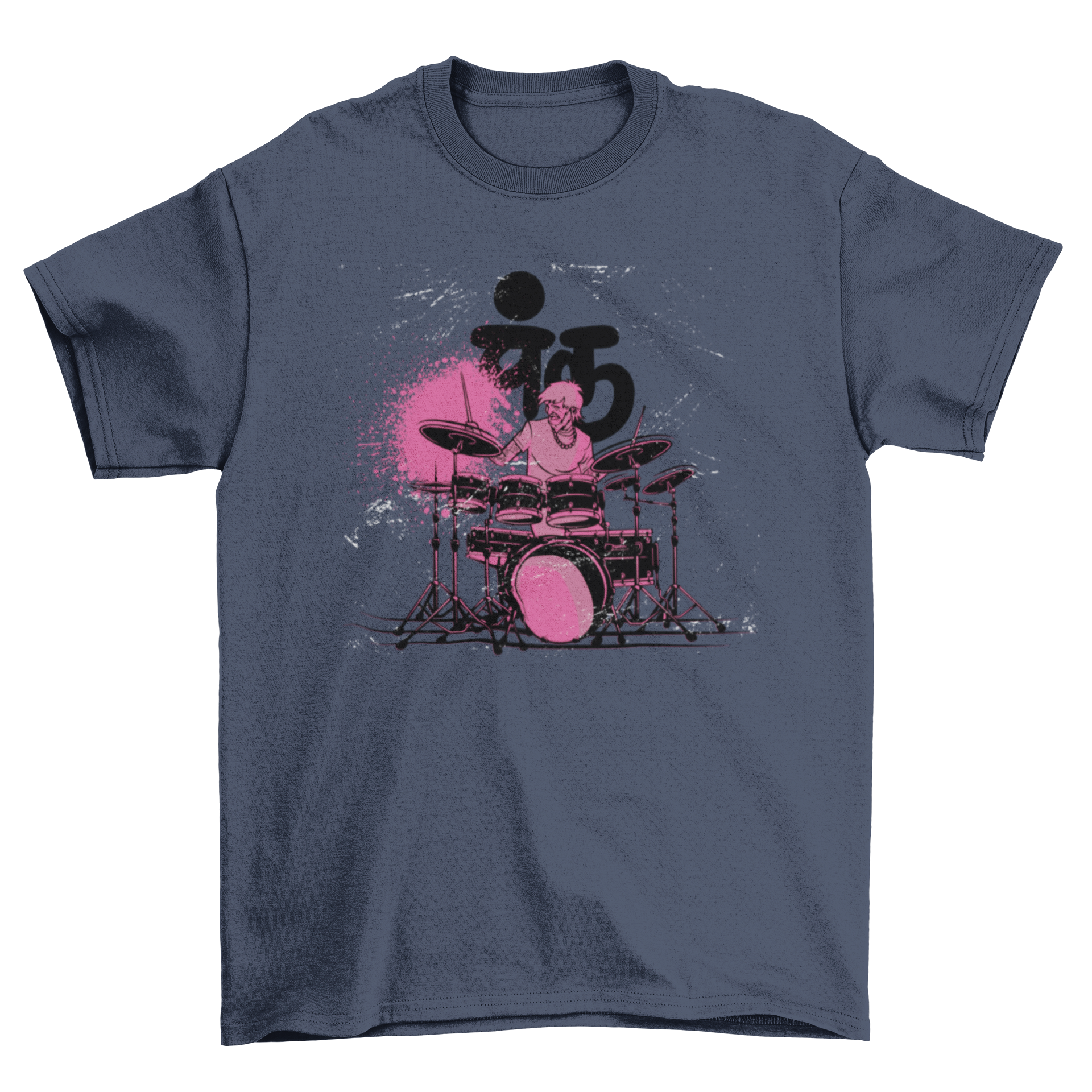 Blue T-shirt with drummer graphic.