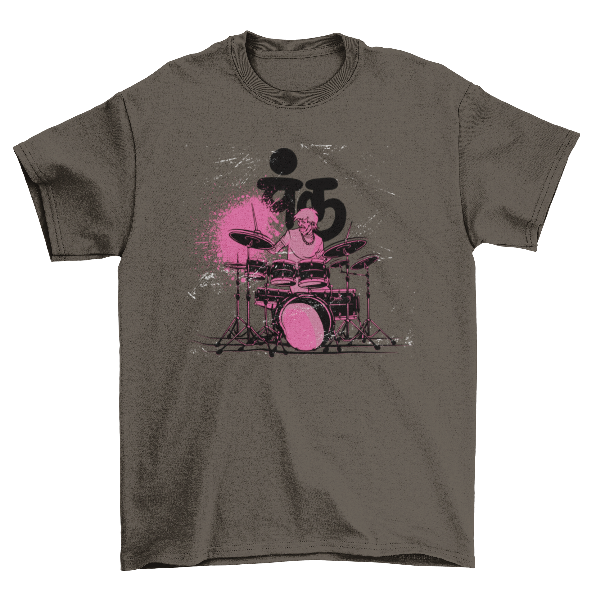 Drummer graphic on grey shirt.