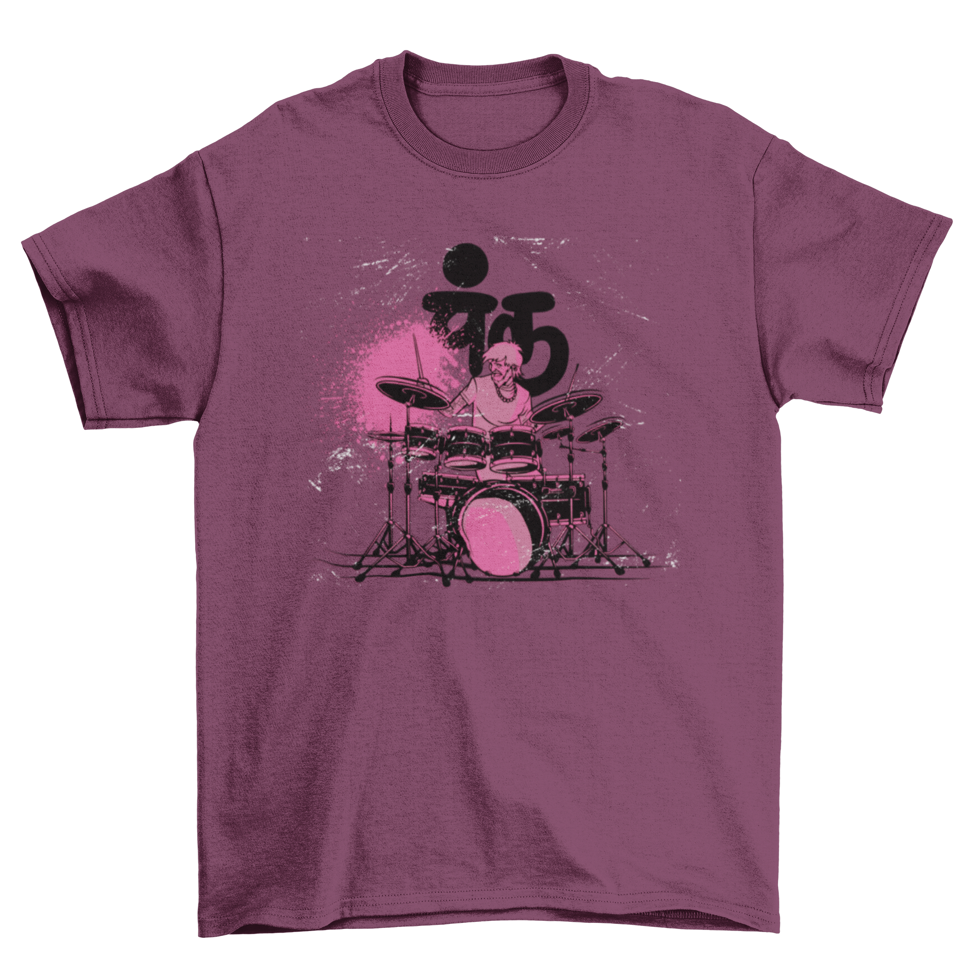 Purple t-shirt with drummer graphic.