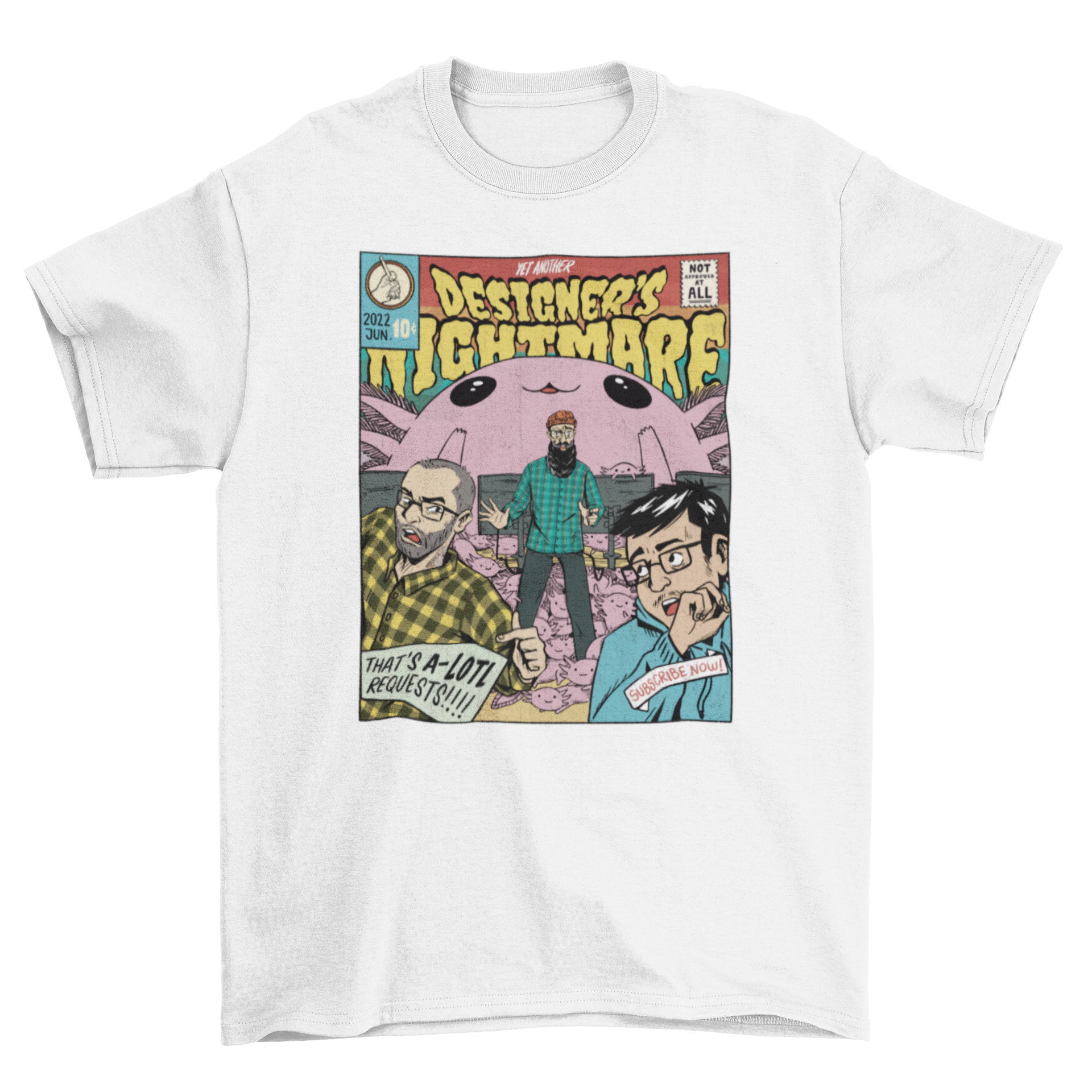 A stylish t-shirt featuring a comic design illustrating the humorous struggles of designers, perfect for creative professionals.