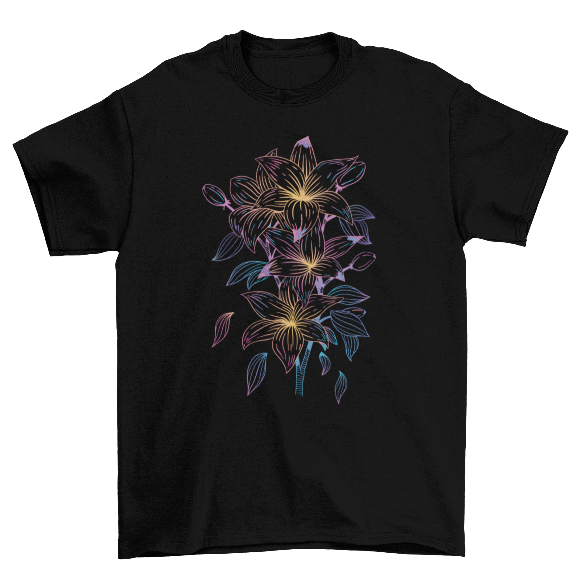 A detailed t-shirt design featuring various colorful lily flowers, showcasing intricate petal patterns.