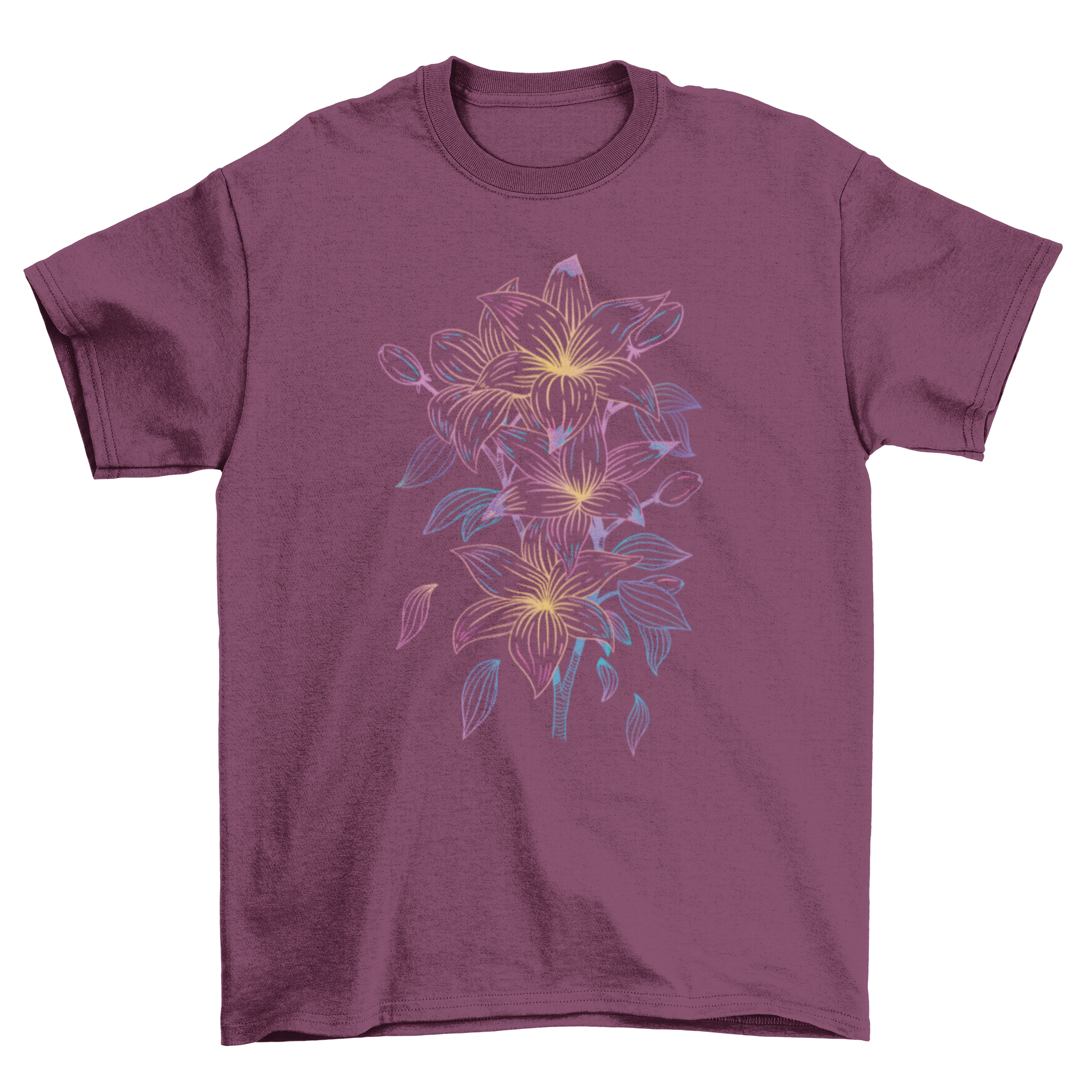A detailed t-shirt design featuring various colorful lily flowers, showcasing intricate petal patterns.