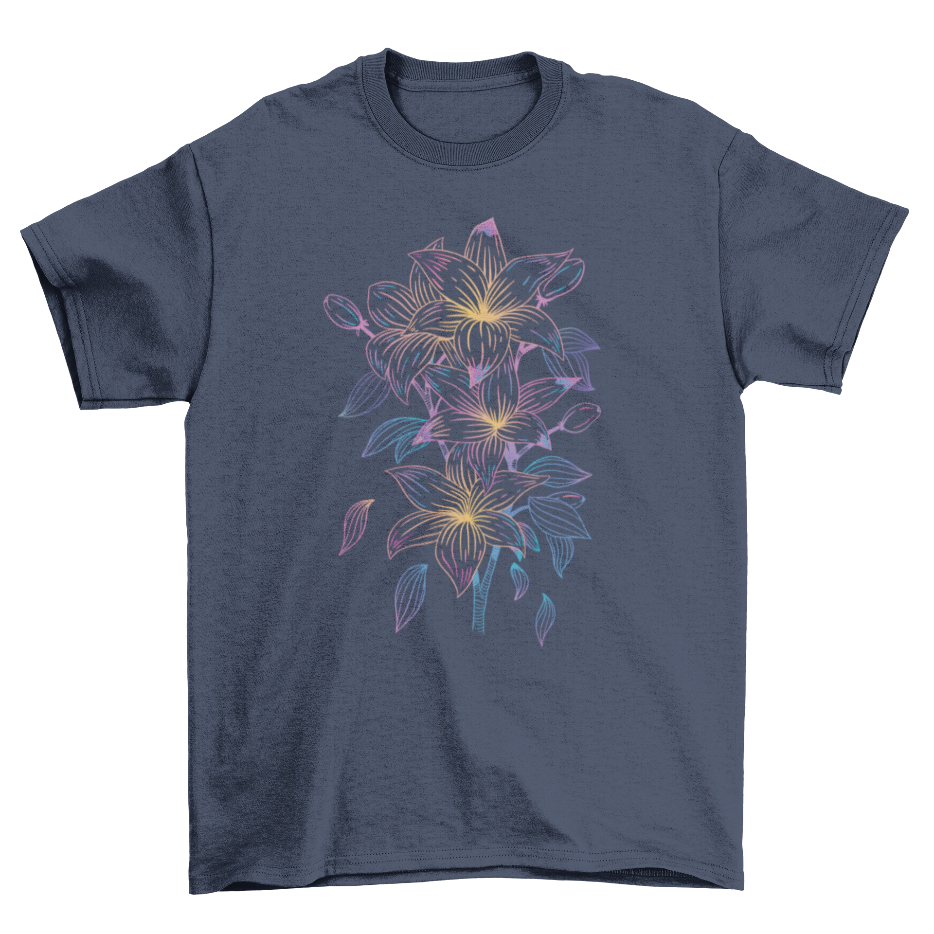 A detailed t-shirt design featuring various colorful lily flowers, showcasing intricate petal patterns.