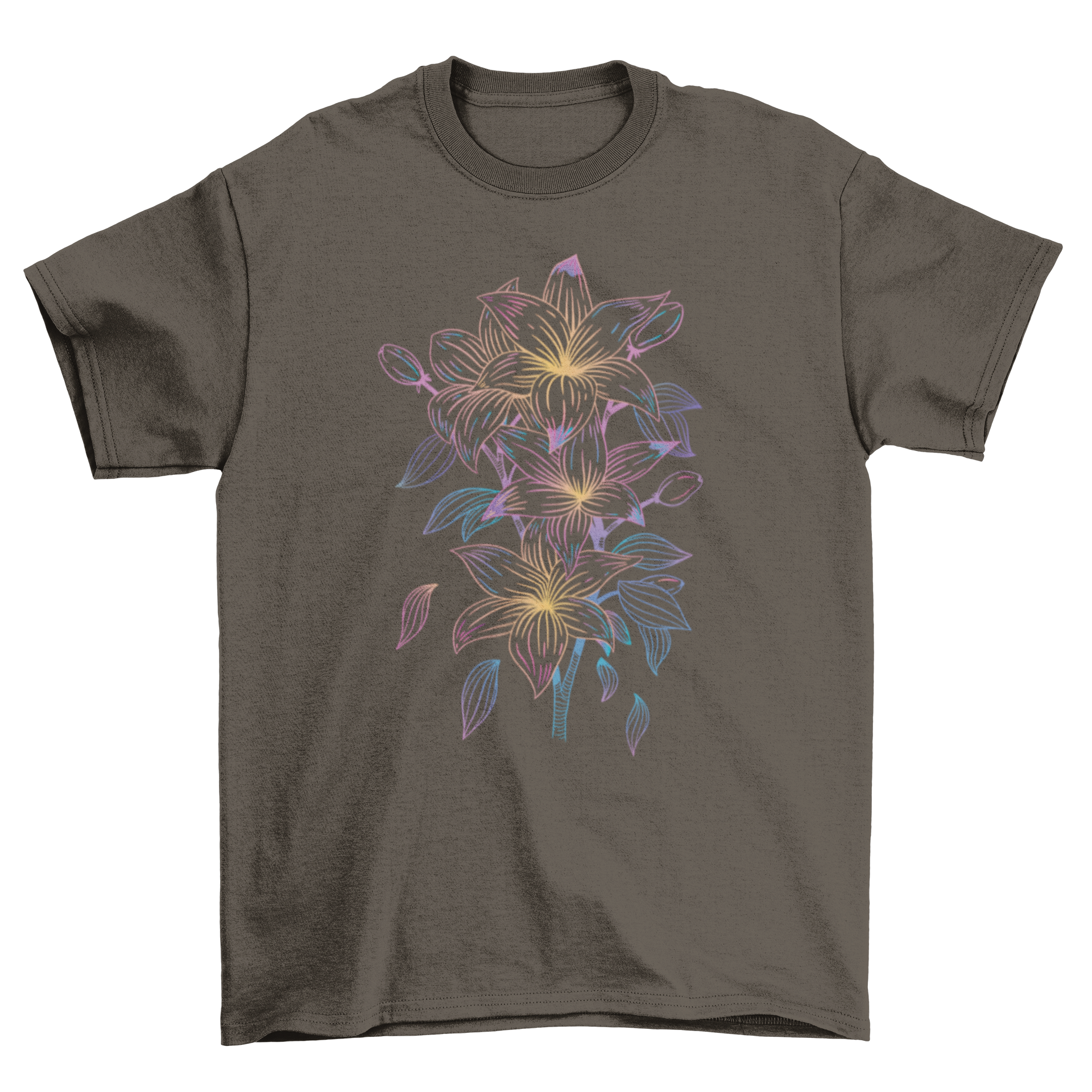 A detailed t-shirt design featuring various colorful lily flowers, showcasing intricate petal patterns.