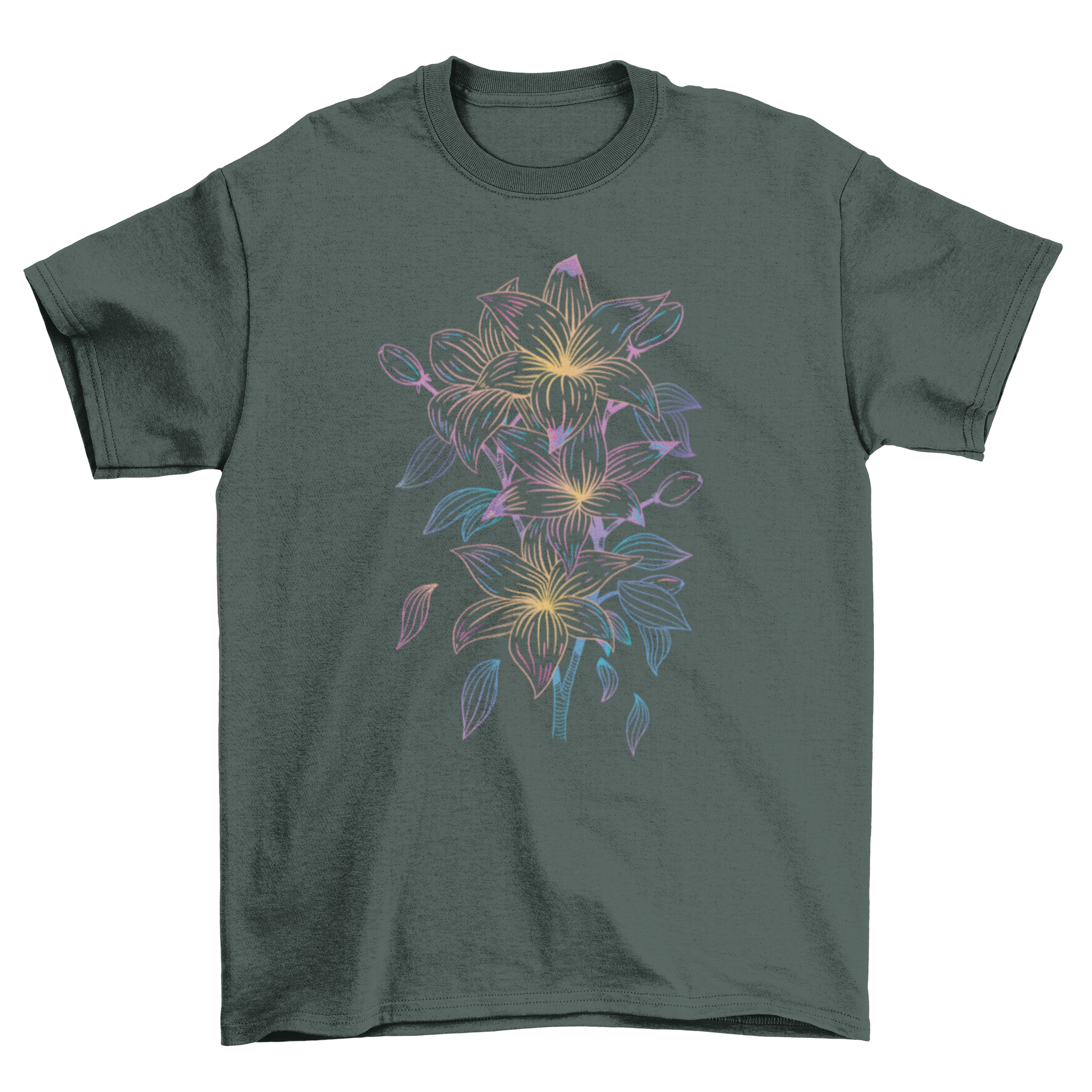 A detailed t-shirt design featuring various colorful lily flowers, showcasing intricate petal patterns.