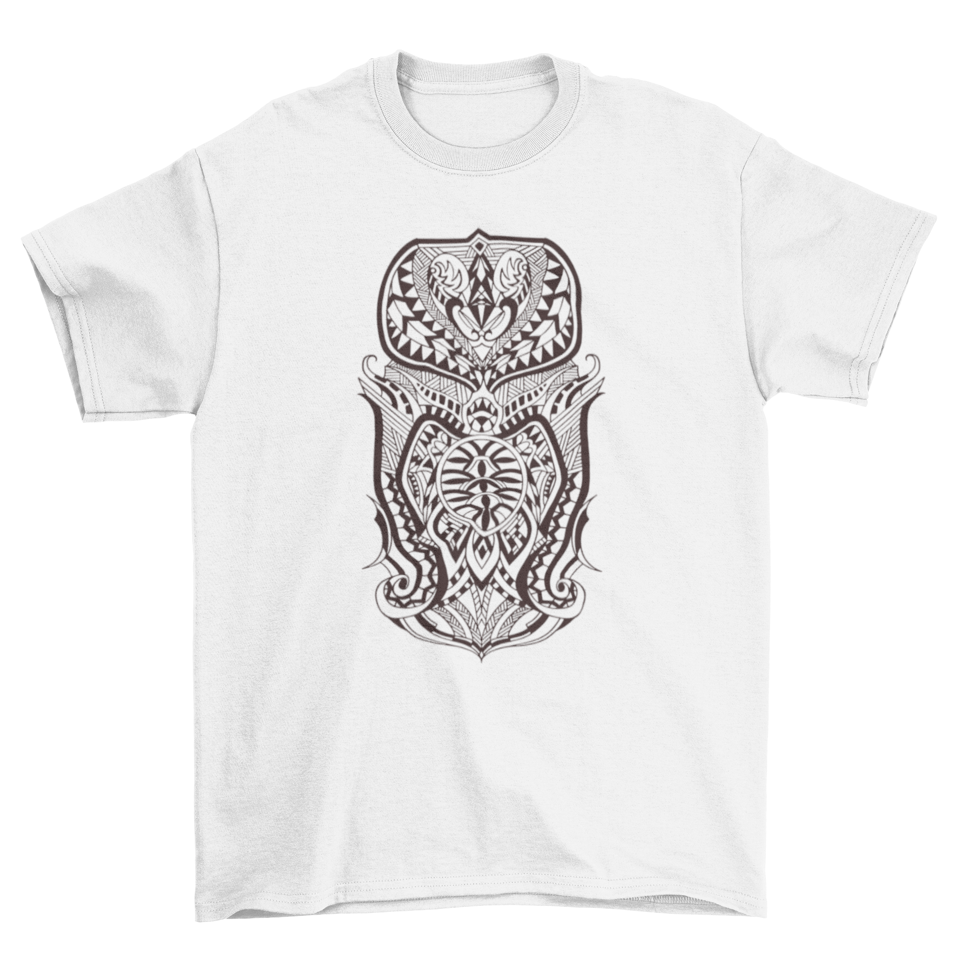 Detailed Tribal T-Shirt featuring a Polynesian pattern with intricate straight lines and swirls, showcasing its unique design.