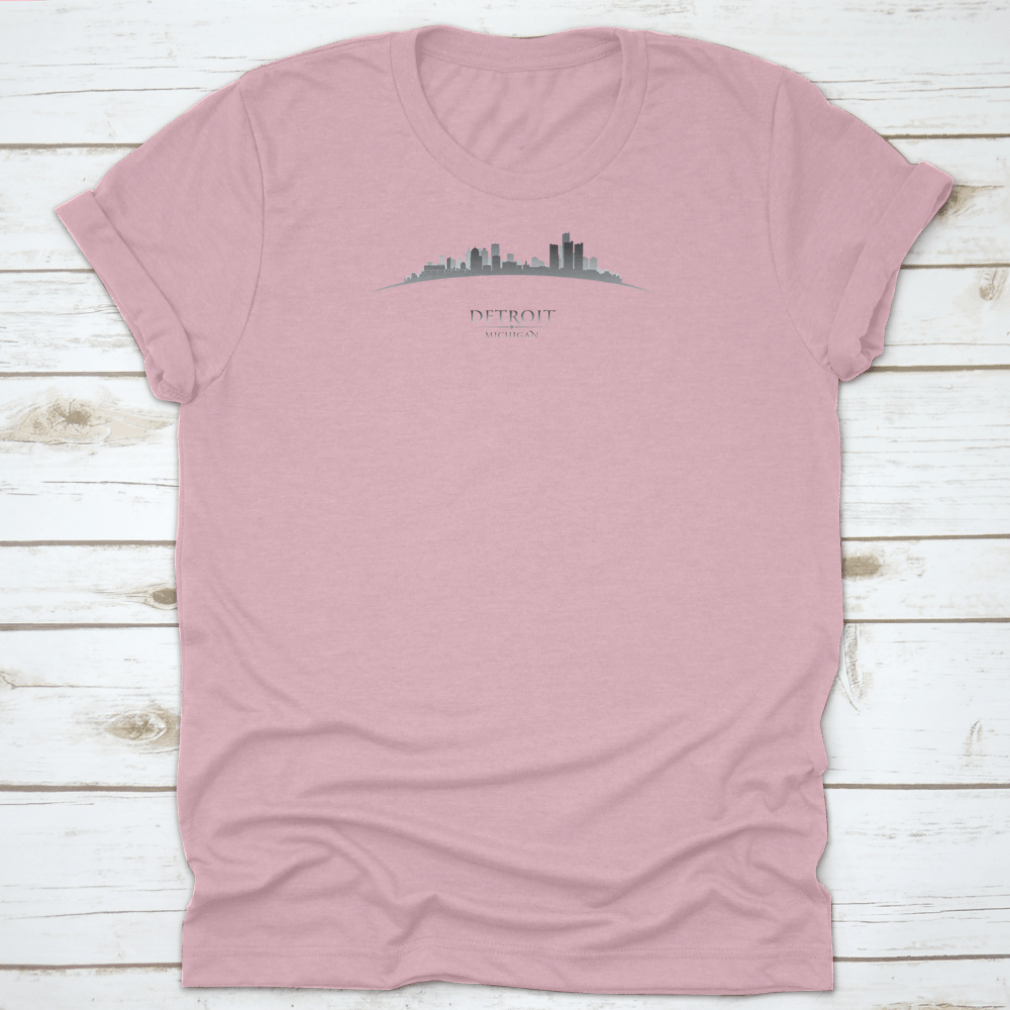 A stylish Detroit Michigan City Skyline Silhouette T-Shirt featuring a unique skyline design, made from soft cotton fabric.