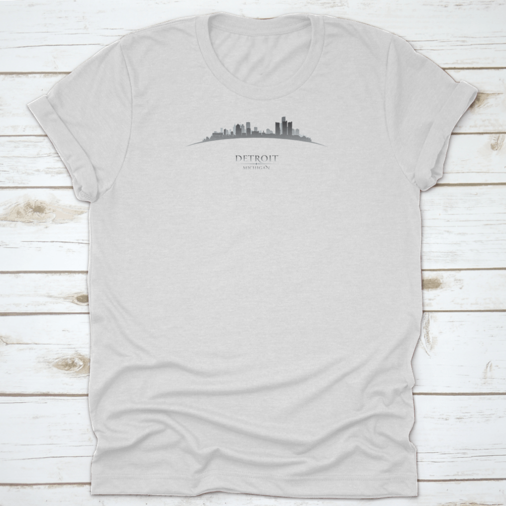 A stylish Detroit Michigan City Skyline Silhouette T-Shirt featuring a unique skyline design, made from soft cotton fabric.