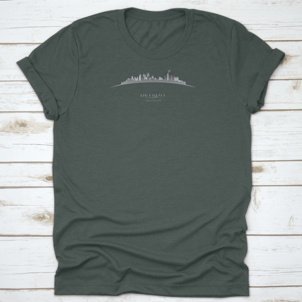 A stylish Detroit Michigan City Skyline Silhouette T-Shirt featuring a unique skyline design, made from soft cotton fabric.