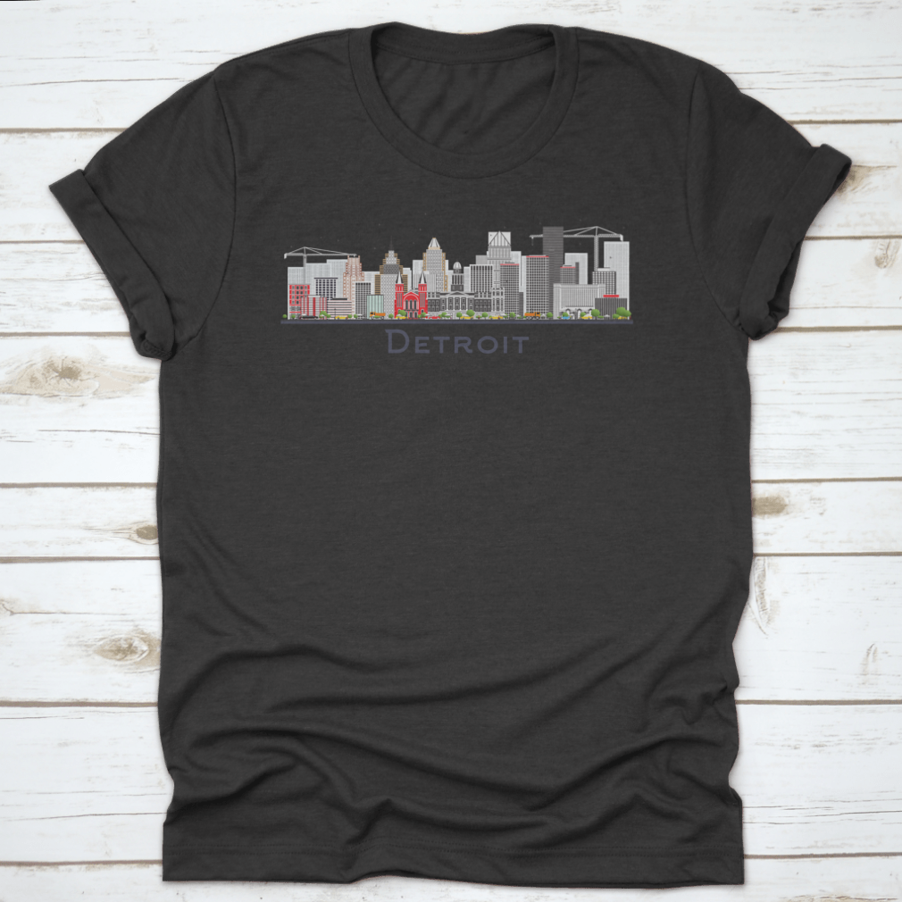 A stylish gray T-shirt featuring the Detroit Michigan city skyline with iconic buildings, perfect for casual wear.