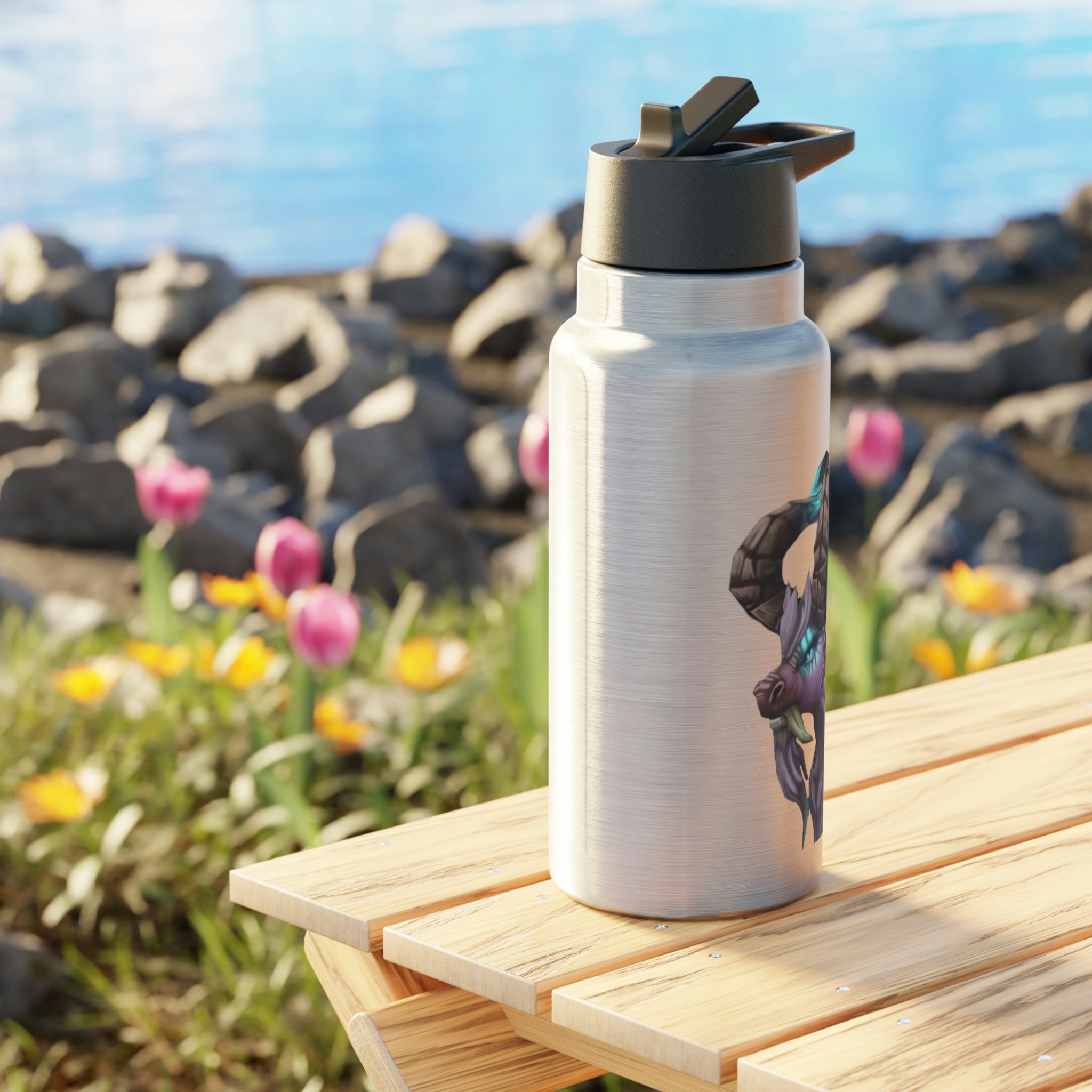 Deviant Dungeon Lurker Gator Tumbler, 32oz stainless steel with a black cap and straw, featuring customizable design.