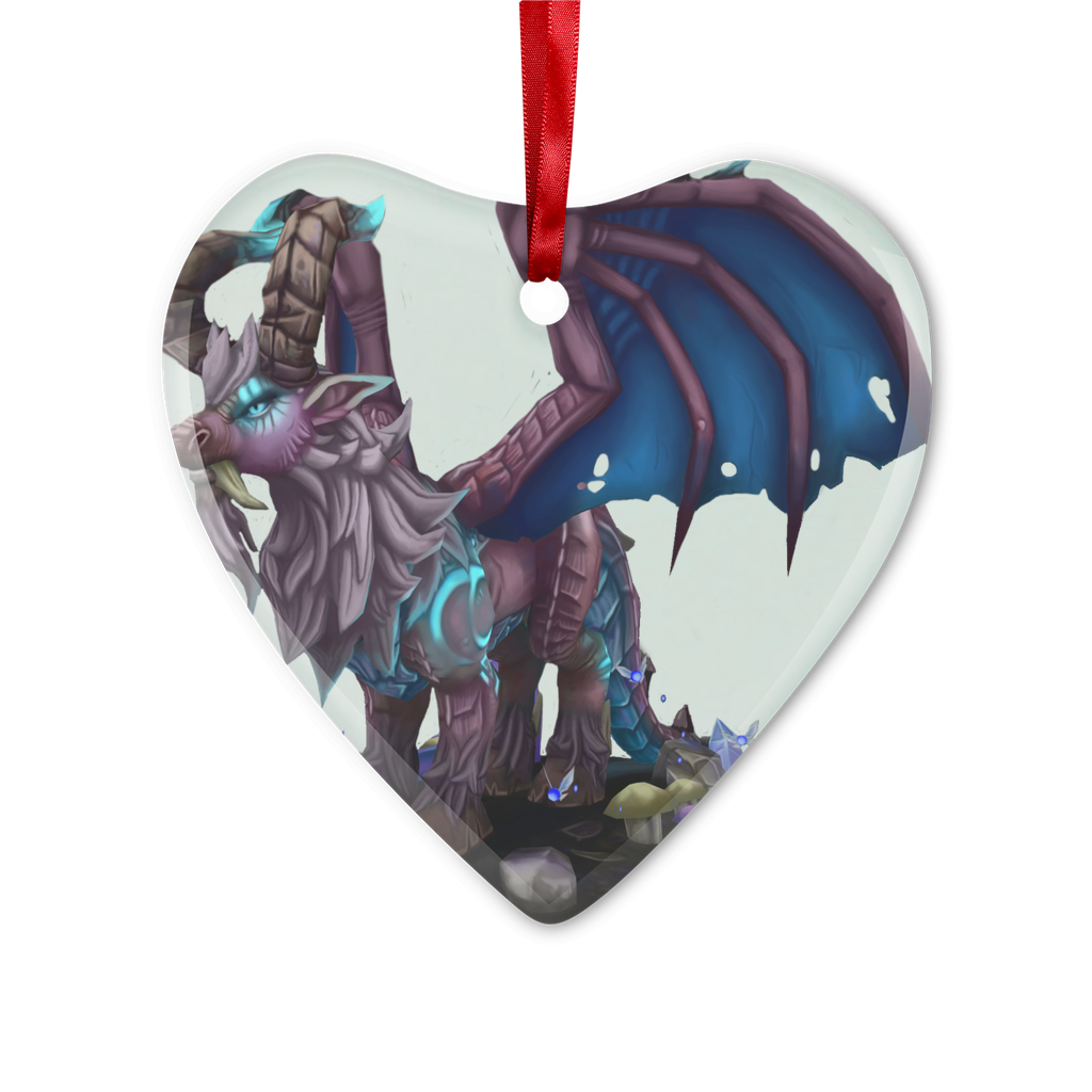 Deviant Dungeon Lurker Glass Hanging Ornament in round and heart shapes, elegantly displayed with red ribbon and gold string.